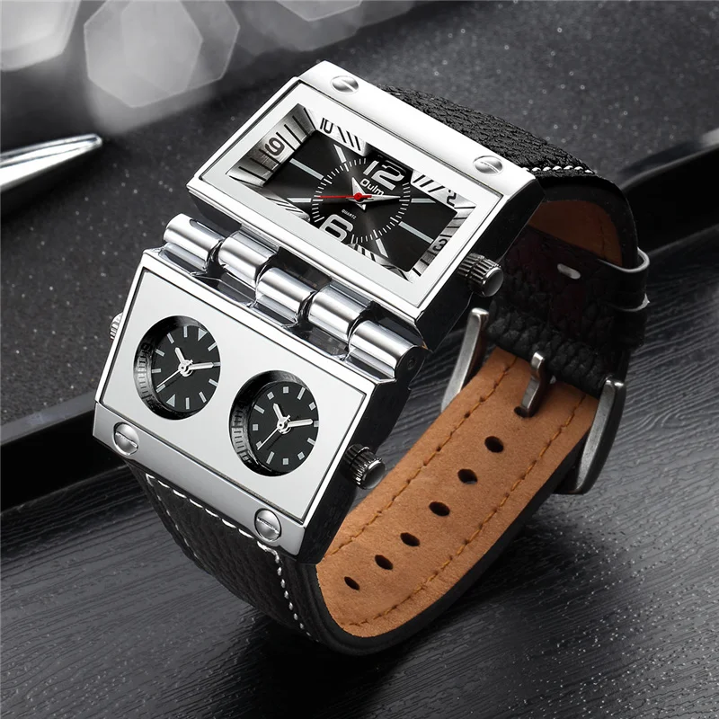 OULM 9525 Big Unique Design Male Watch Three Time Zone Unique Men's Military Watches Punk Style Leather Strap Wristwatch