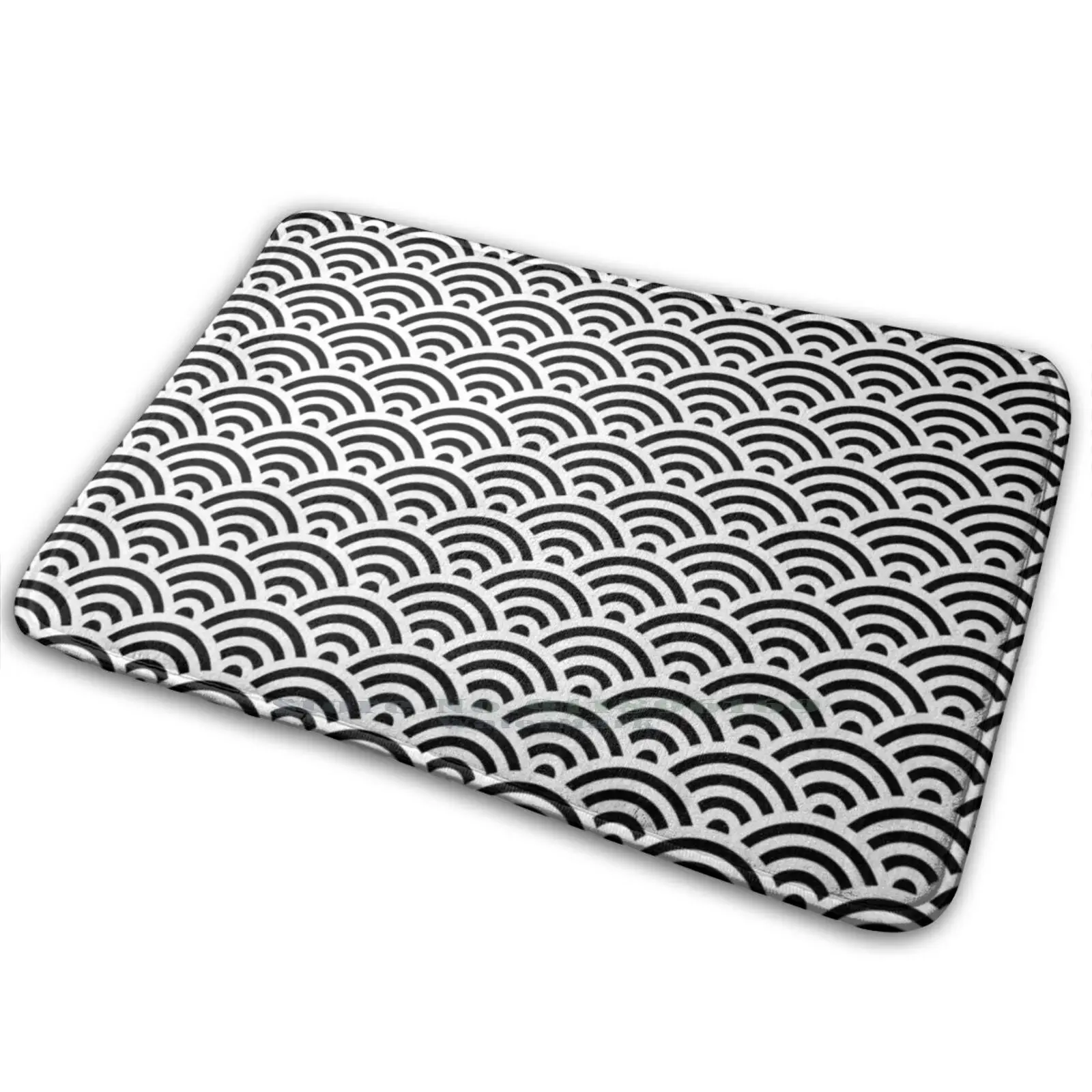 Black & White Seigaiha | Japanese Circle Waves Pattern Mat Rug Carpet Anti - Slip Bedroom Entrance Door Mat Seigaiha Black White