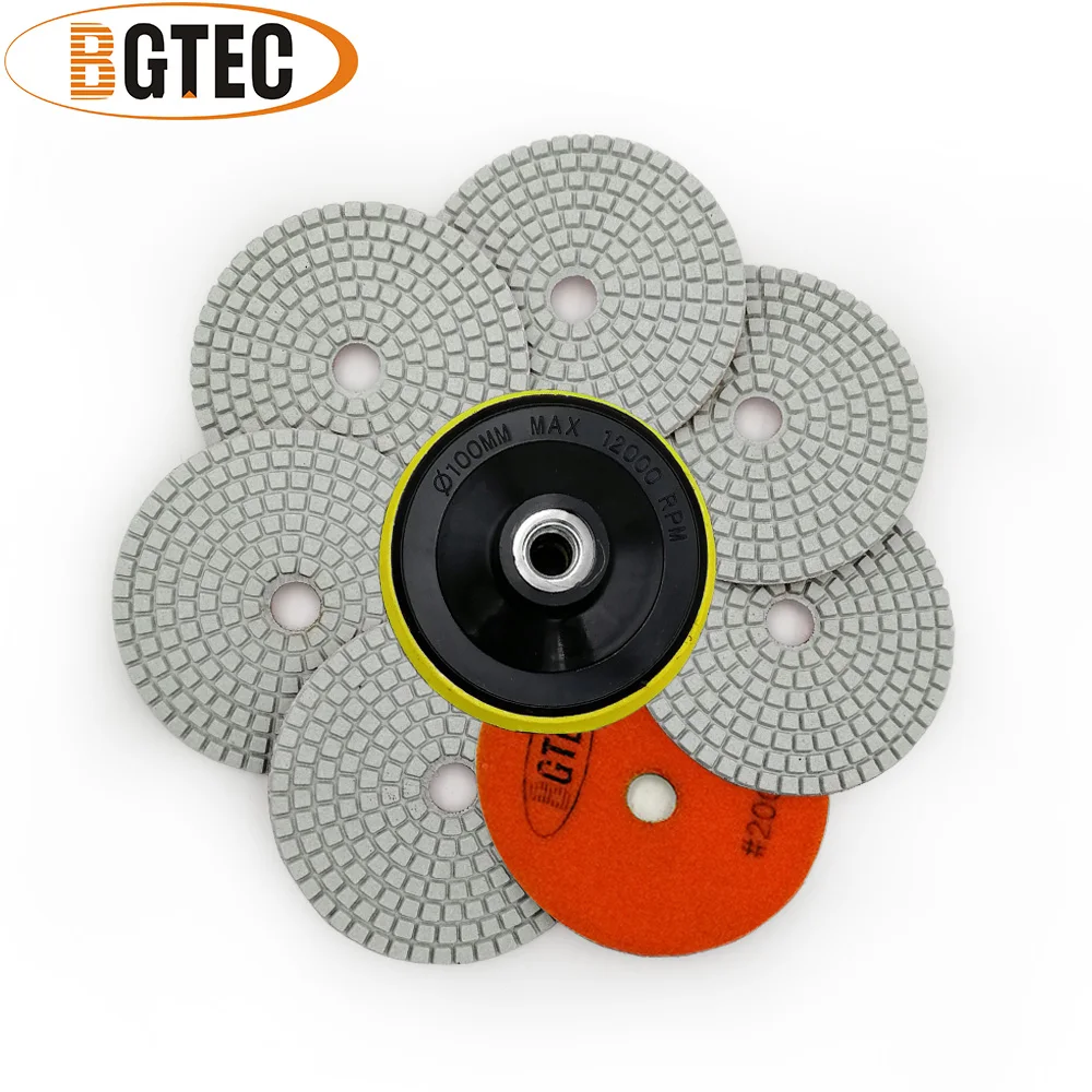 

BGTEC 4inch 7pcs #200 wet diamond flexible polishing pads 100mm marble ,granite, quartz sanding disc with M14 Plastic Backer pad