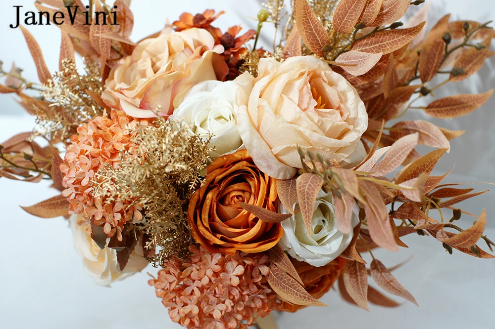 JaneVini – Bouquet de mariée Orange clair, élégant, fleurs artificielles de mariage, Roses hortensia, toucher réel charmant, soie, 2021