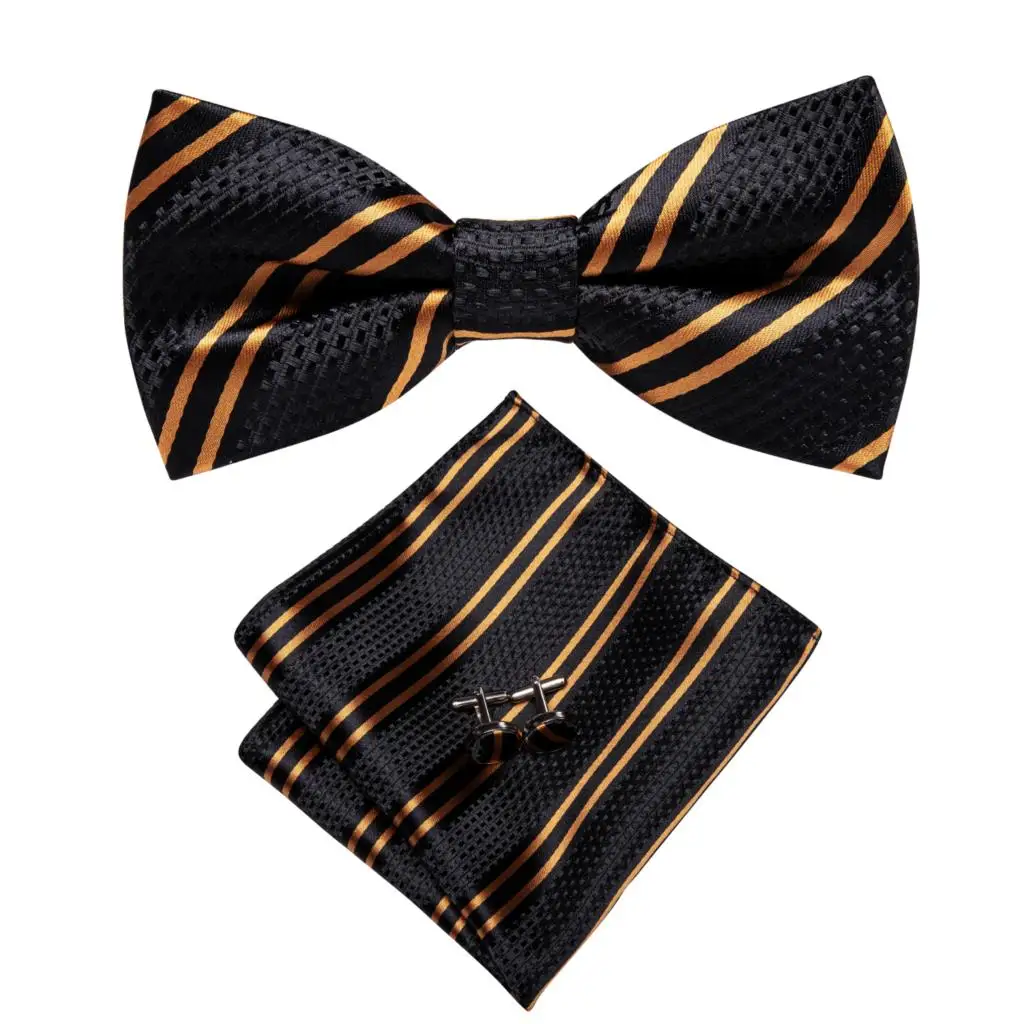 Hi-Tie Jacquard Silk Black Gold Striped Mens Bowtie Adult Bow Tie Hankerchief Cufflinks Set Pre-tied Men Butterfly Bowknot Gift