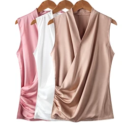 2023 Summer Plus Size S- 3XL Women Tops Sleeveless V Neck Women Blouse Elegant Sexy Silk Ladies T-Shirts Brand Clothes KE3990