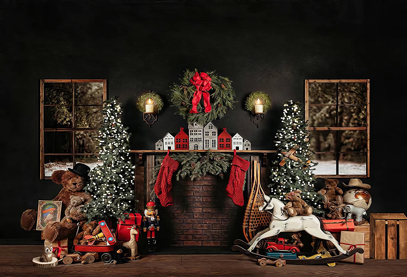 Capisco Merry Christmas Photography Background Xmas Tree Window Gift Fireplace Toy Bear Nutcracker Backdrop Photo Studio