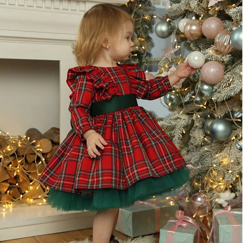 New 6M-5 Years Christmas Dress For Girls Toddler Kids Red Green Plaid Bow Dresses For Girl Xmas Party Princess Costumes Clothes