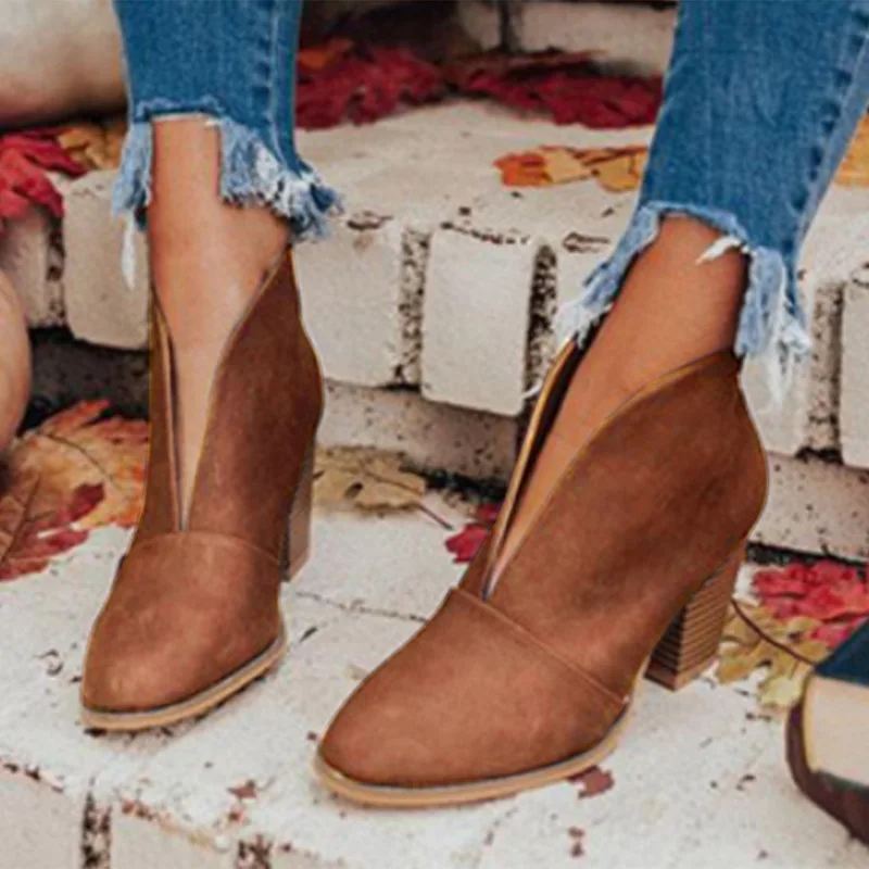 Winter Ankle Boots Women Boots V Cutout Short Boots Stacked Heel Booties 2023 Fahsion Chelsea Boots PU Botas Zapatos Mujer