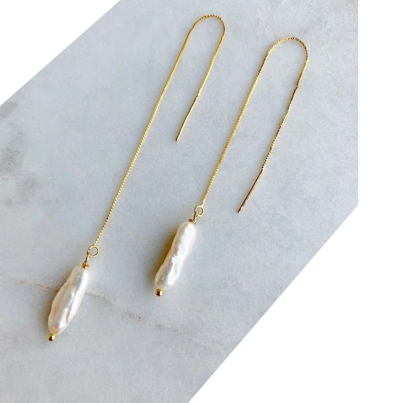 Pearl Threader Earrings - Pearl Earrings - Gold Chain Earrings