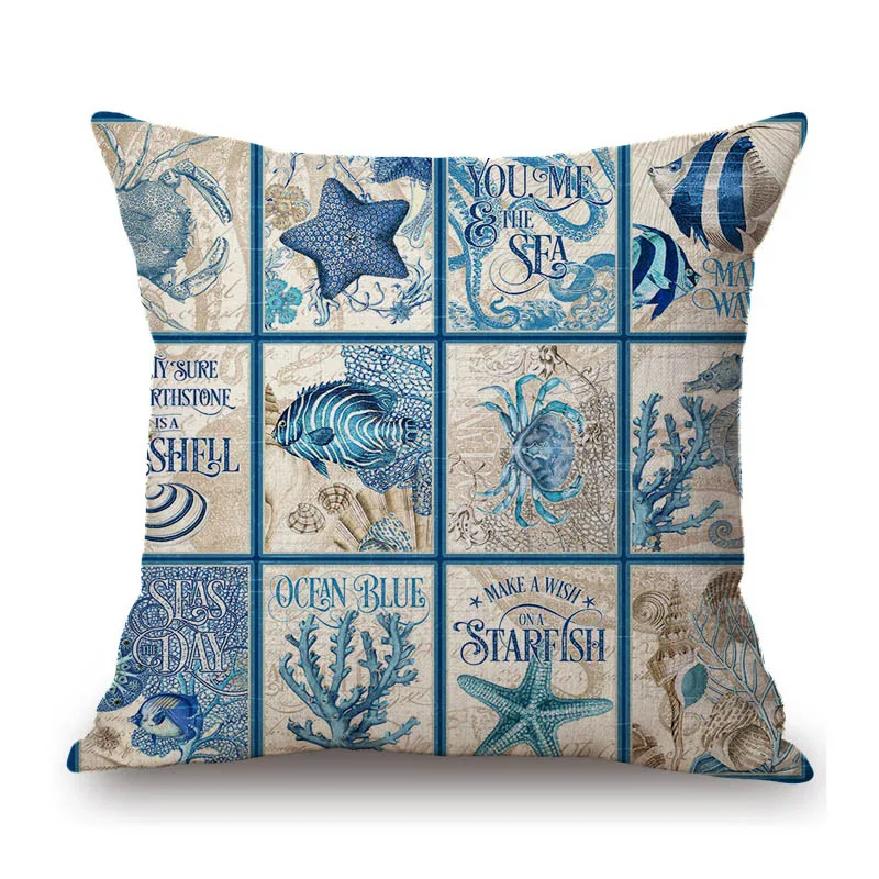 Ocean Blue Sea Life Marine Acquatics Jelly Fish Seashell Starfish Pattern Stylish Nordic Pillow Case Cotton Linen Cushion Cover