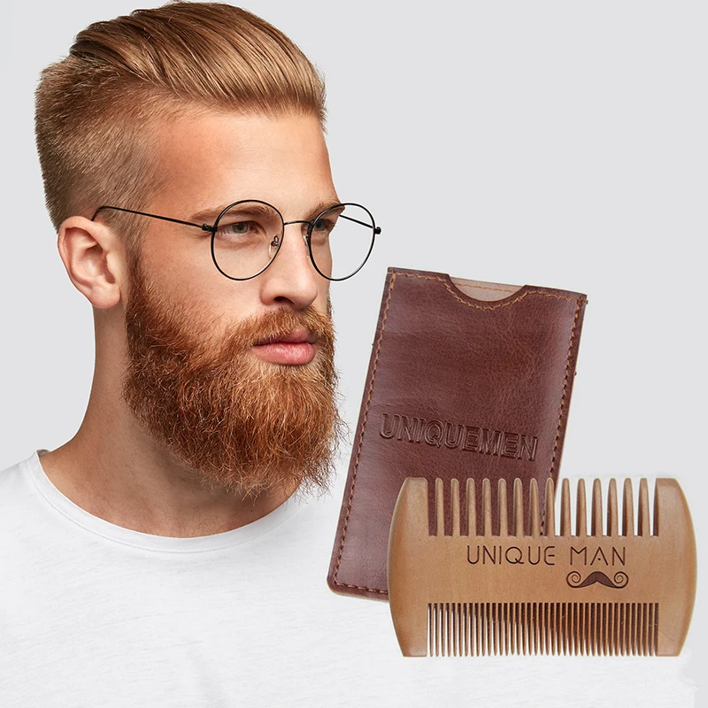 Natural Wood Beard Comb Shaving Brush With PU Leather Case Anti-Static Mustache Pocket Comb Brushing Hair Care Tool for Men Gift