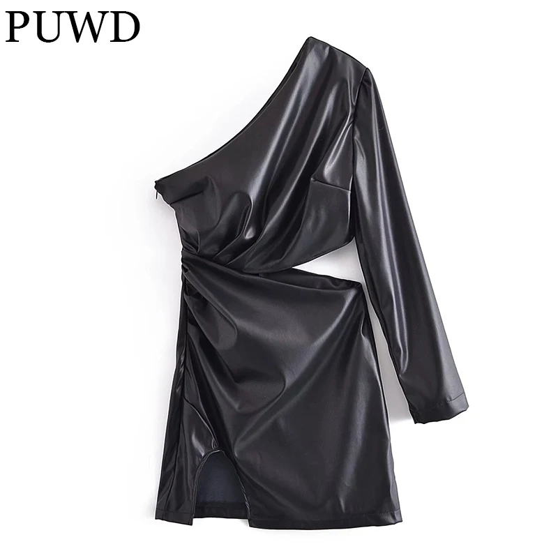 PUWD Cool Women Black Faux Leather Open Waist Slant Shoulder Dress 2021 Autumn Fashion Sexy Dress Casual Fold Slim Female Skirt