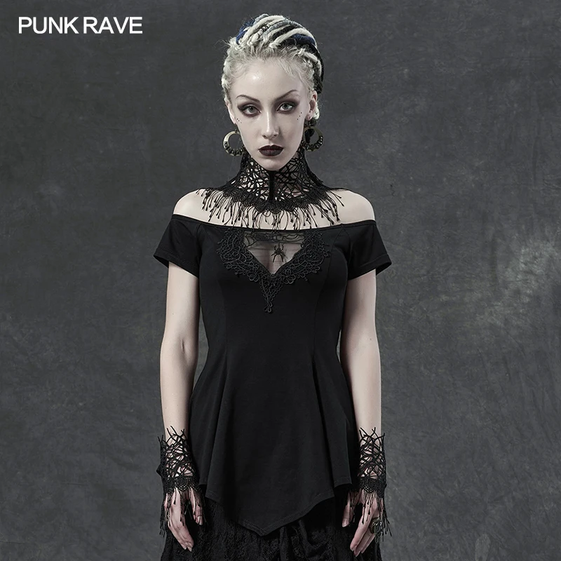 PUNK RAVE Sexy Spider Embroidery Women's Gothic spider horizontal neck  Summer T-shirt Off Shoulder Casual Knit Short Sleeve Top