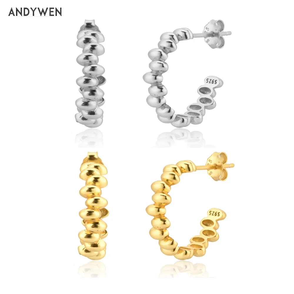 ANDYWEN 100% 925 Sterling Silver Gold 12.5mm Beads Hoops Piercing Rock Punk Clips Wedding Gift Fashion Fine Jewelry For Women