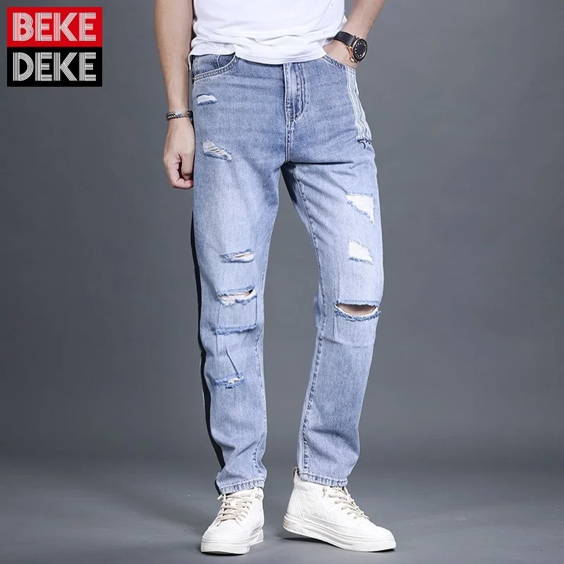 

Spring 2022 New Mens Loose Straight Korean Style Spliced Stripe Pockets Casual Letter Vintage Fashion Hole Design Male Jeans