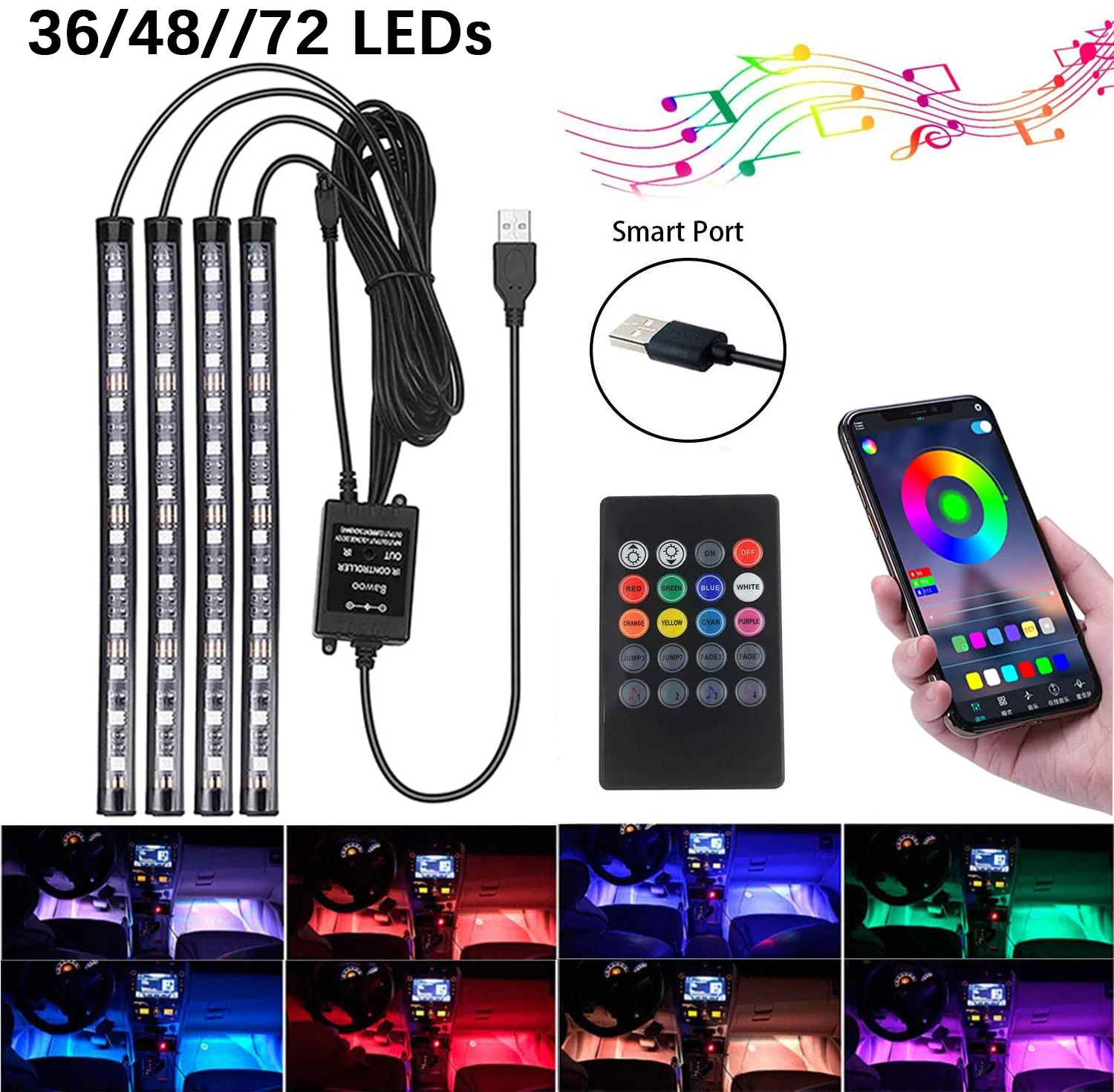 Car Interior Atmosphere Lamp Decoration Ambient RGB Light Strip USB Cigarette Plug APP Control LED Bar Lighting 12v For Car Boat