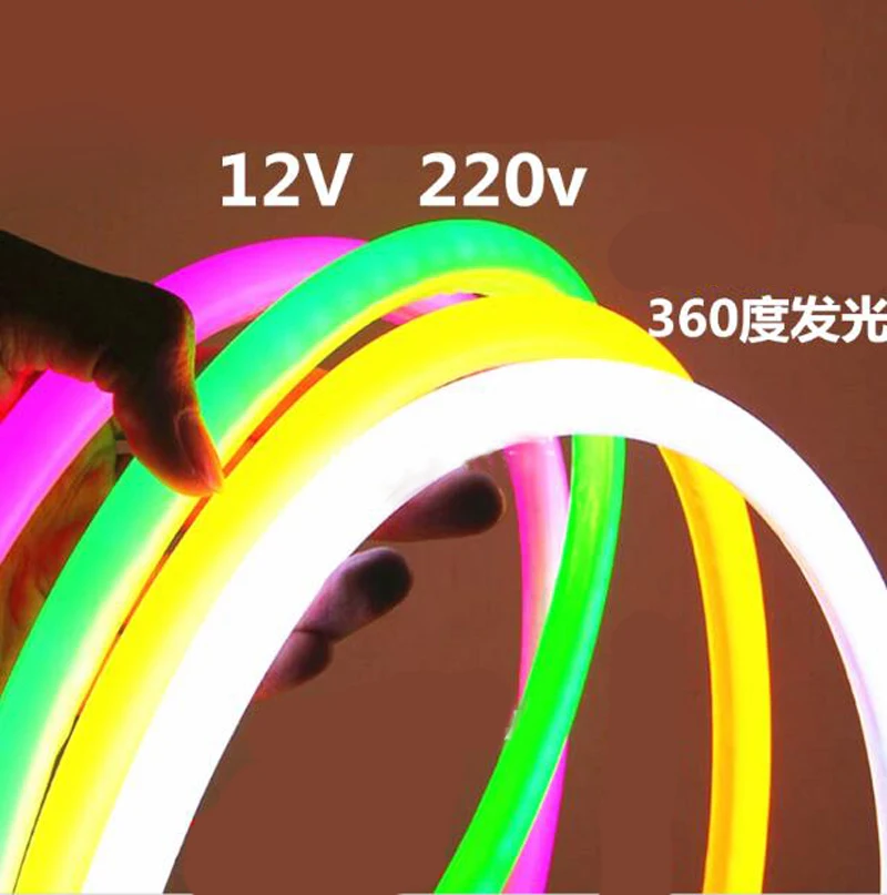 

30m/lot Round LED Neon Strip AC220V 240v DC12V 14mm Diameter Round Flex 120pcs 2835/m 360 Degree Lighting Neon Flexible Strip