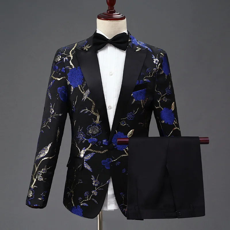 

New Design Mens Stylish Embroidery Royal Blue Floral Pattern Party Suits Stage Singer Wedding Groom Tuxedo Costume