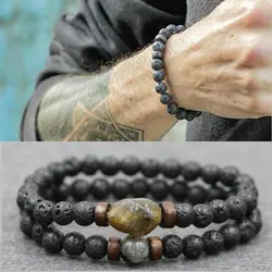 Pulsera de cuentas de piedra de Lava para hombres, pulsera de cuentas de piedra lunar de labradorita, pulsera de cuentas de madera de Yoga de Chakra, joyería de tendencia