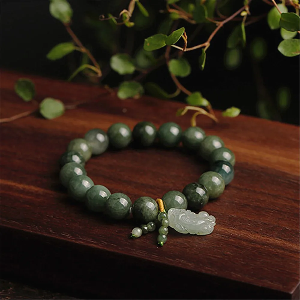 Natural Grade A Jade Jadeite Round Bead With Hand-Carved Pixiu Charm Link Bracelet Men and Women Adjustable Bangle Lucky Jewelry