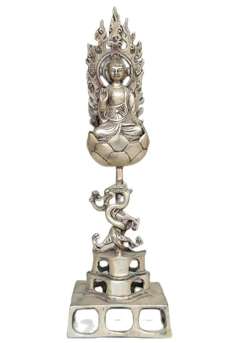 

COLLECTIBLE DECORATED OLD HANDWORK TIBET SILVER CARVED BUDDHA & DRAGON STATUE metal handicraft