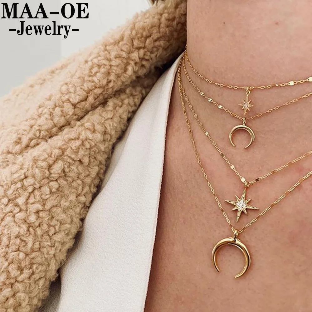 Multilevel New Vintage Boho Fashion Necklaces For Women Crystal Horn Disc Sequin Sun Lock Pendant Necklace Jewelry Party Gift