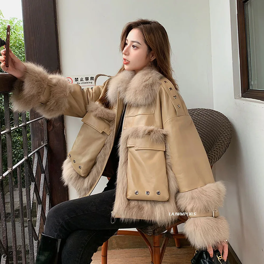 High-end Faux Fur Coat Women Winter Warm Fox Fur Coat Stitching Faux Sheep Skin Fur Jacket Retro 2022 New Woman Parka