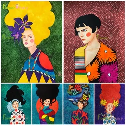 Fashion Colorful Flower Hair Girl Modern Women Nordic Poster Wall Art Canvas Painting Wall Pictures For Living Room Unframed