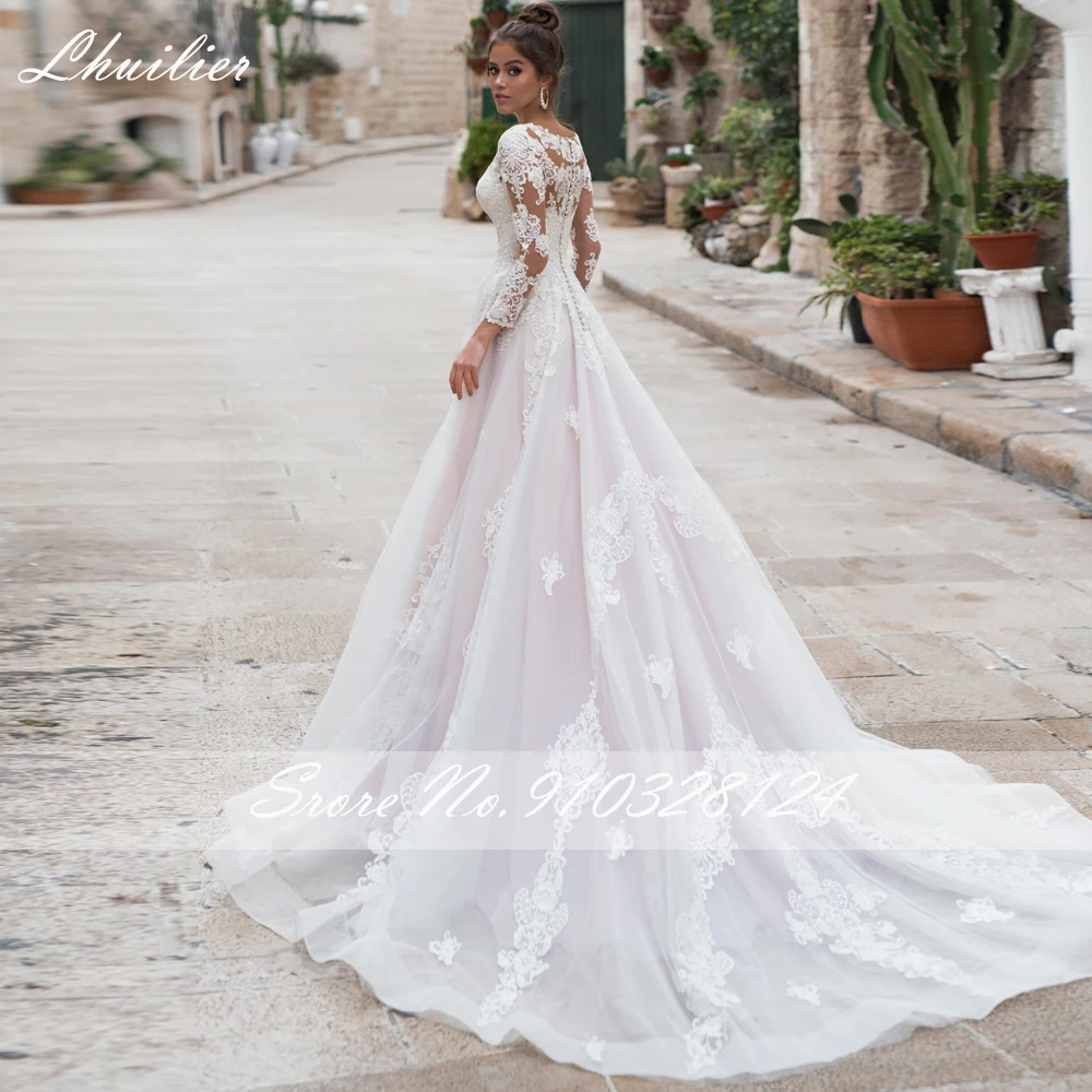 Lhuilier-vestidos de novia personalizados, corte en A, cuello redondo, Apliques de encaje, mangas completas, largo hasta el suelo, vestido de novia con cola de corte