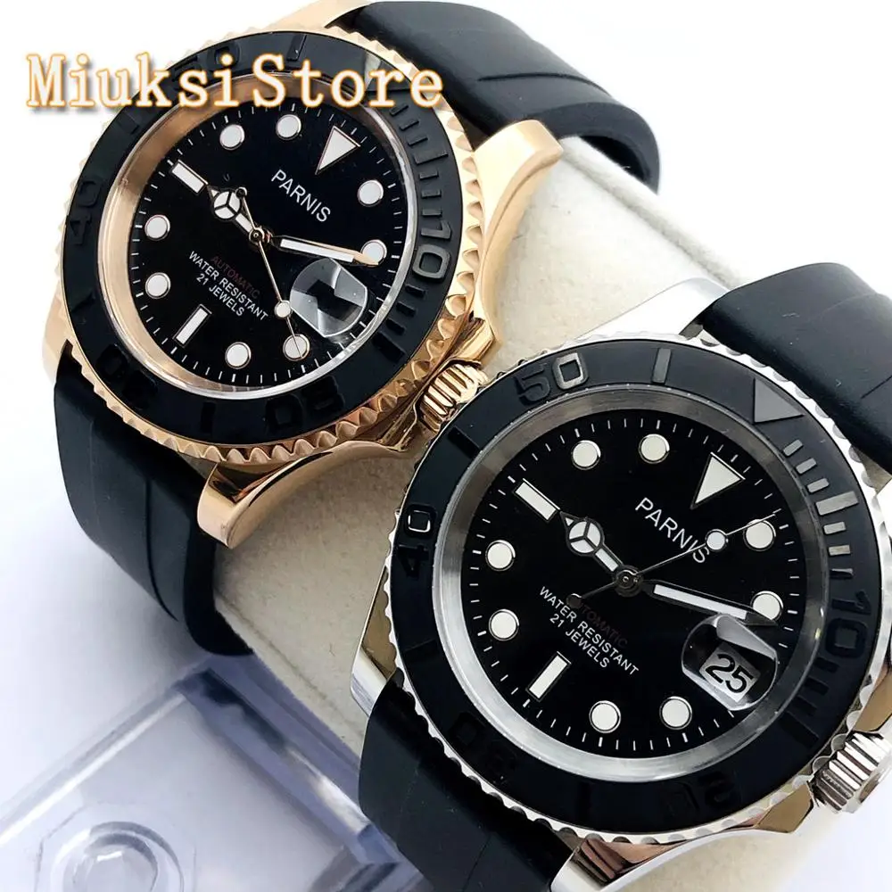 PARNIS 41mm Silver Rose Gold Men\'s Top Casual Business Watch Sapphire Crystal Ceramic Bezel Black Dial Date Mens Automatic Watch