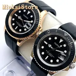 PARNIS 41mm Silver Rose Gold Men's Top Casual Business Watch Sapphire Crystal Ceramic Bezel Black Dial Date Mens Automatic Watch