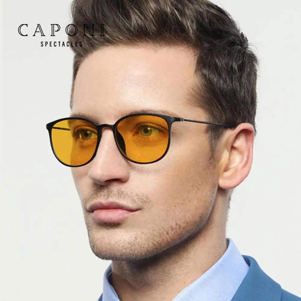 CAPONI Photochromic Sunglasses Men Driving Chameleon Glasses Male Yellow Lens Sun Glasses Day Night Vision Oval Eyewear BSYS520