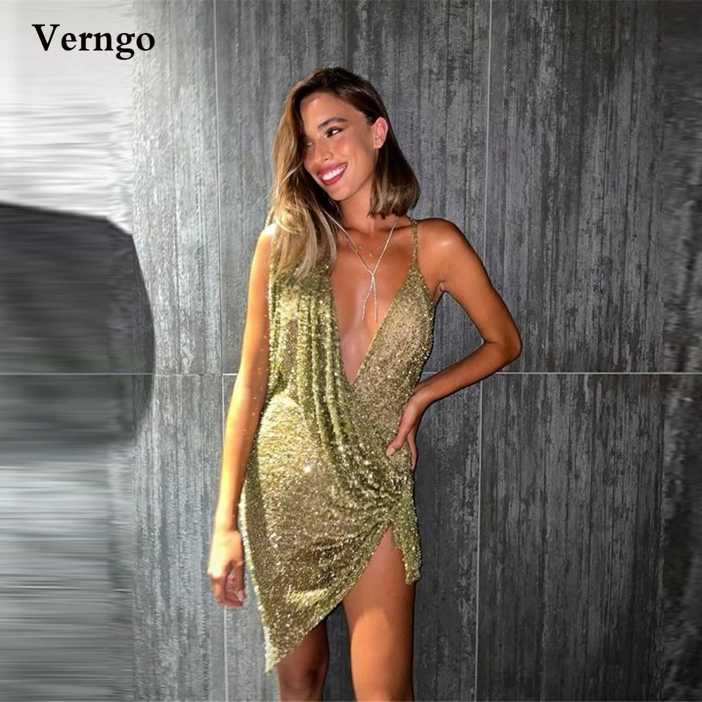 

Verngo Glitter Green Beads Prom Dress Short Party Wear Gown Spaghetti Straps Deep V Neck Asymmetric Cocktail Dress Lady Summer