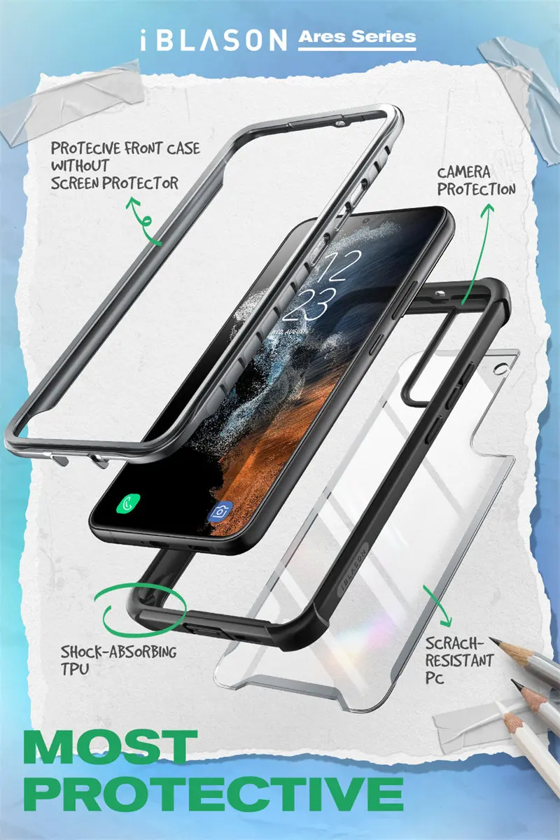 For Samsung Galaxy S22 Case 6.1inch (2022 Release) I-BLASON Ares Full-Body Rugged Bumper Cover WITHOUT Built-in Screen Protector