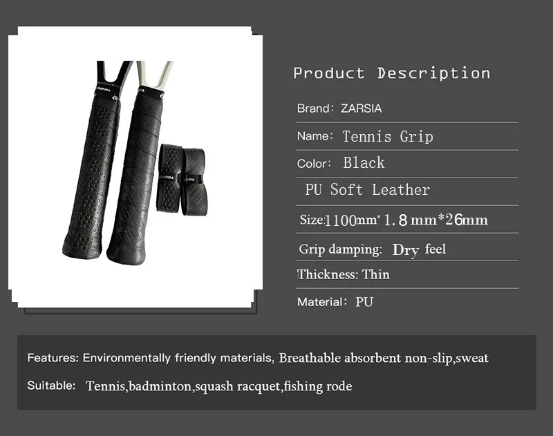 2pcs Retail ZARSIA PU Leather Tennis Racket Replacement Grip Thick Leather Handle Grip for Tennis Racquet