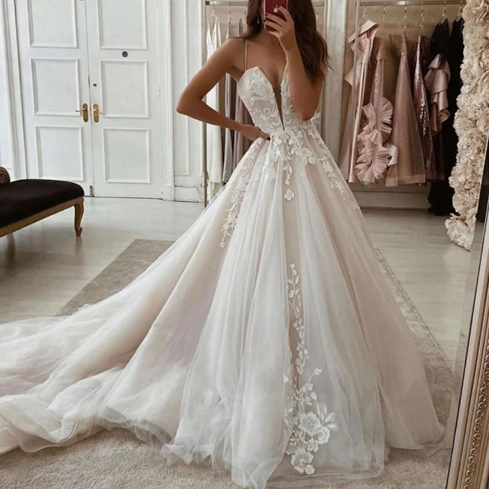 SuperKimJo فساتين زفاف السباغيتي حزام بوهو Vestido دي نوفيا الدانتيل زين أنيقة ألف خط ثوب زفاف رخيصة 2022