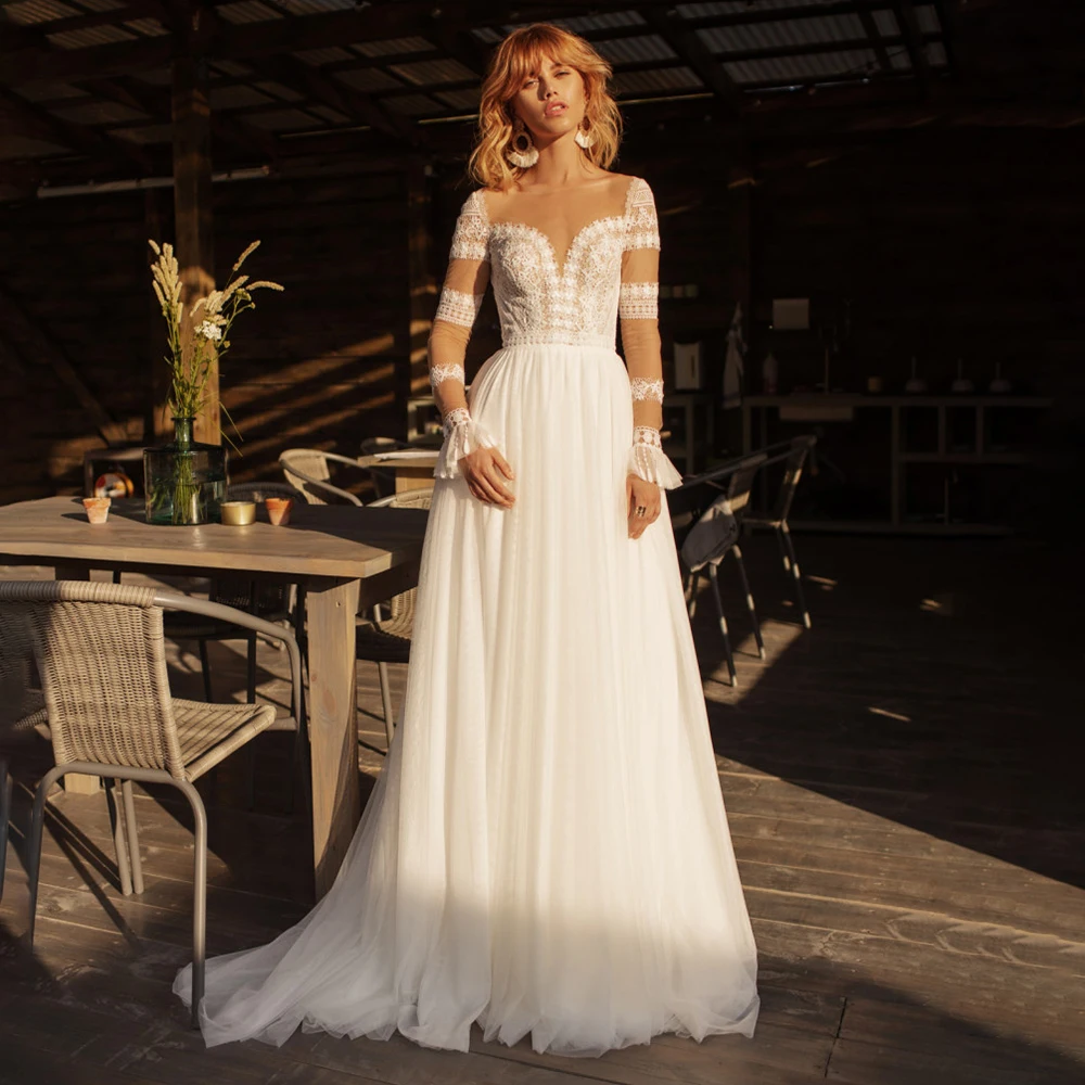 Robe de mariée en dentelle rustique, manches longues, ligne A, dos transparent, perles, personnalisé, Floral, fente haute, Tulle, robe de plage