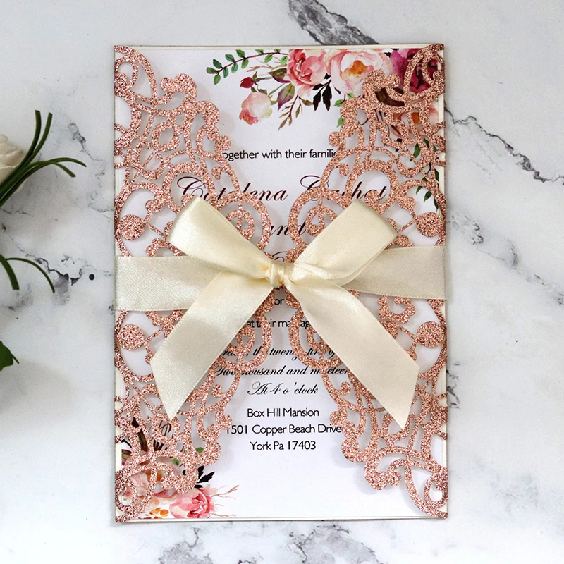 50pcs Laser Cut Wedding Invitation Card Glitter Paper Greeting Cards With Ribbon Customized Party Wedding Decoration