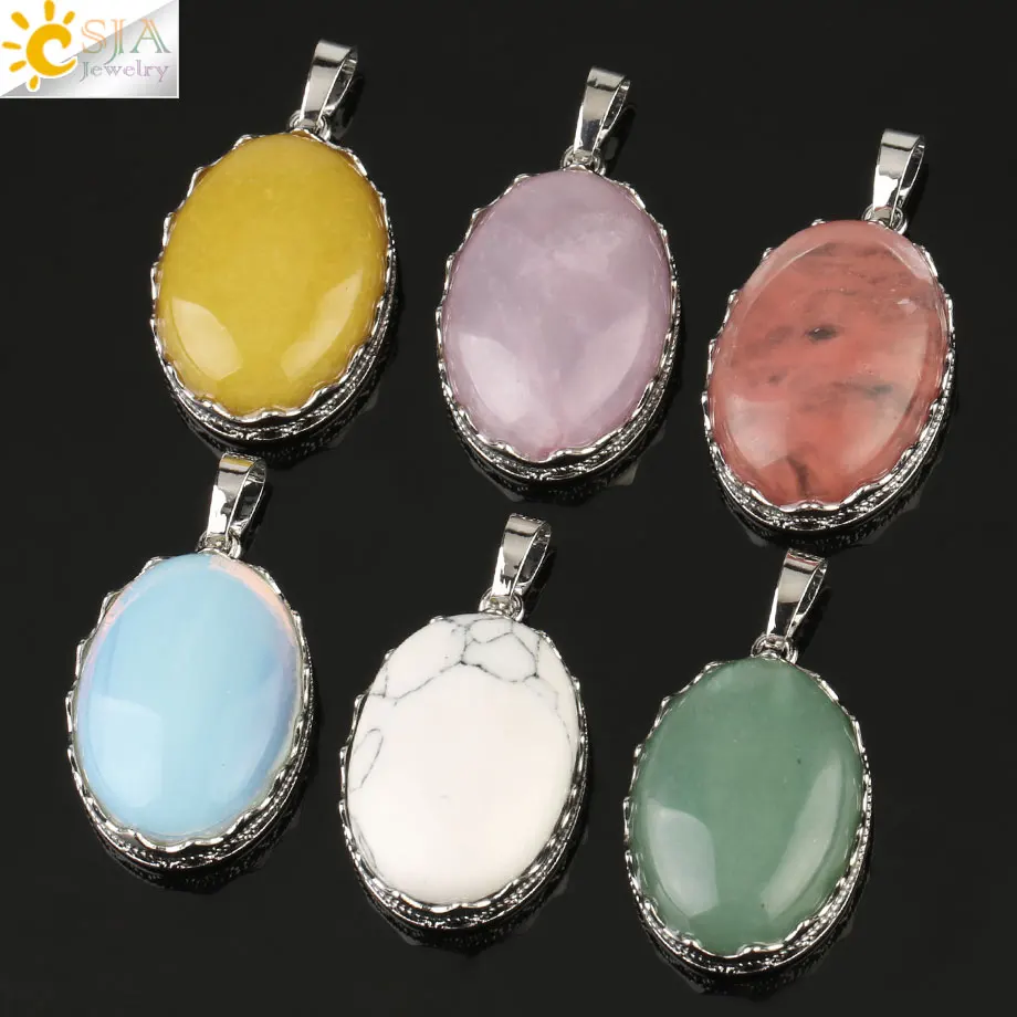 CSJA Natural Gem Stone Crown Pendant for DIY Necklace Oval Cabochon Healing Purple Crystal Pink Quartz Charm Female Jewelry G211