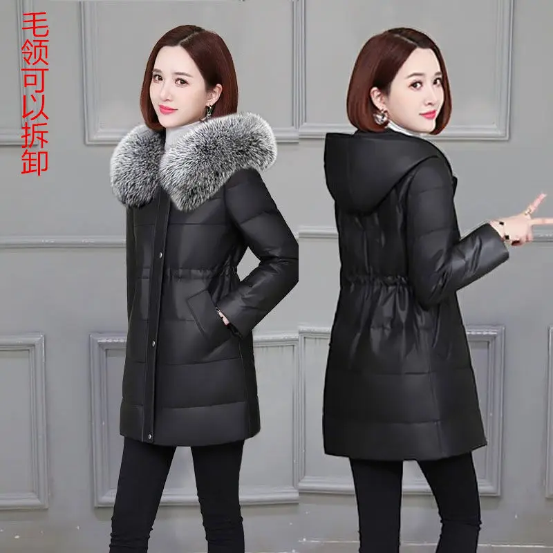 

Hooded Leather Fur Jacket Women's Mid-Length Winter New PU Leather Down Cotton Coat Slim Parkas Mujer Abrigos M308