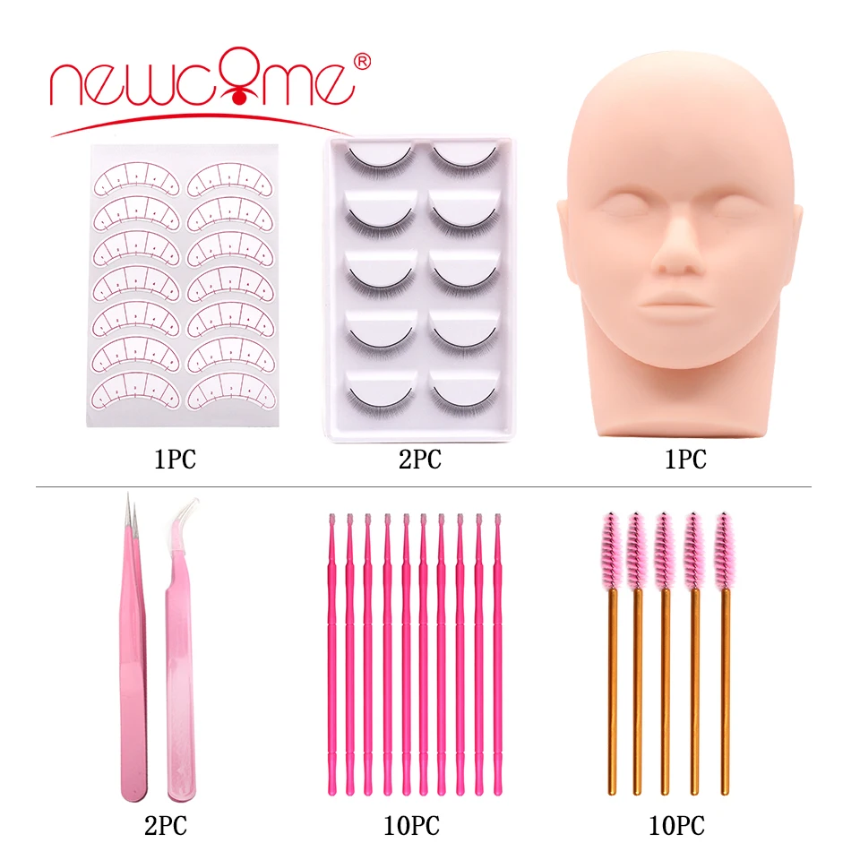 NEWCOME Eyelash Extension Training Kit Exercise Practice Mannequin Head Set Grafting Eyelash Tools Kit Eye Lashes Grafting