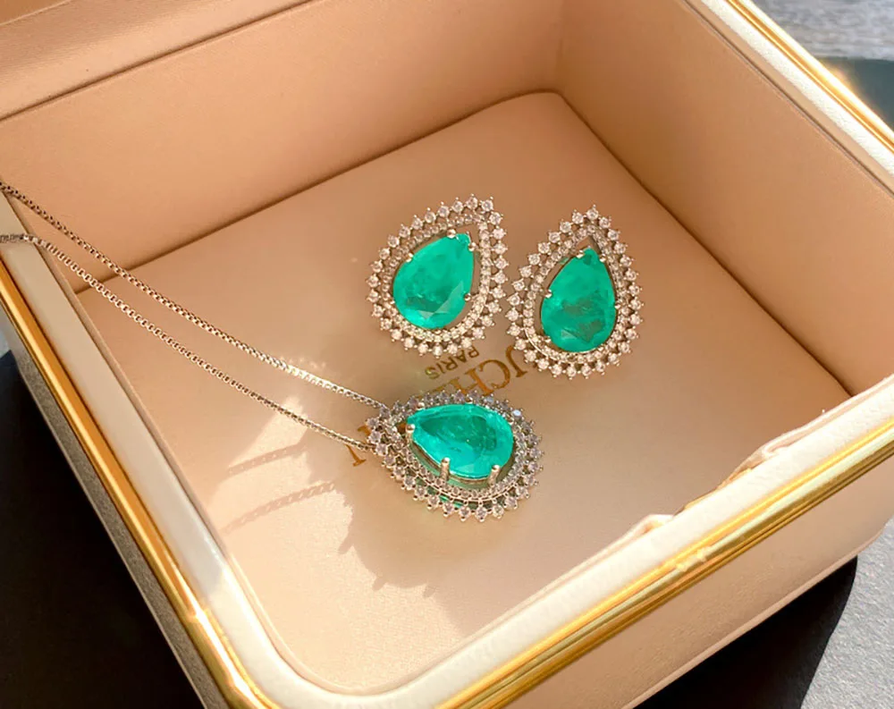 Paraiba – collier en argent Sterling 2021 véritable en forme de poire et Tourmaline, pendentif en pierre précieuse, boucles d'oreilles, ensembles de bijoux, cadeaux pour femmes, 925