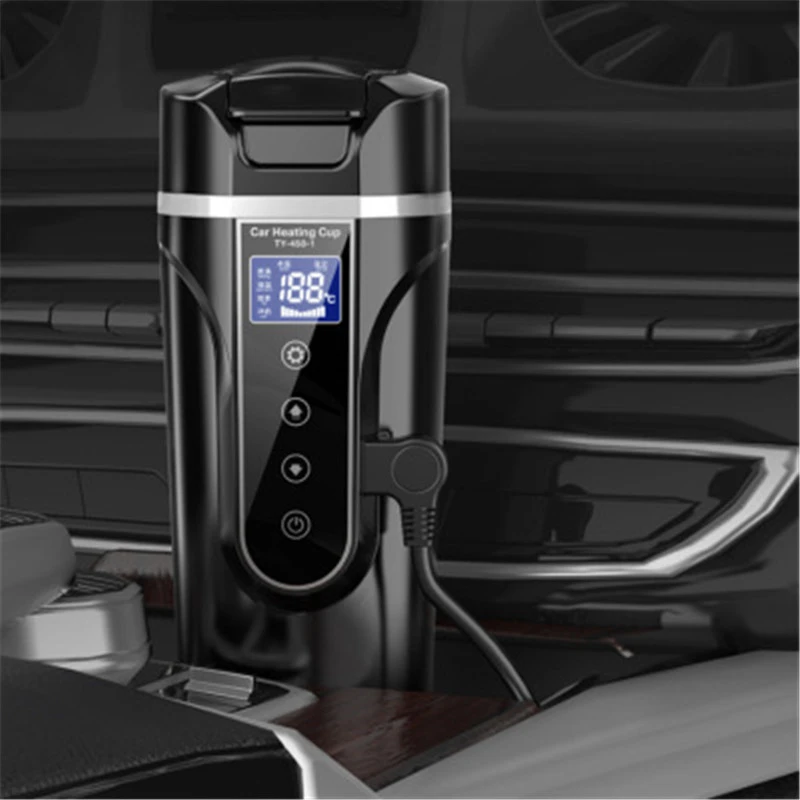 Taza de calentamiento de acero inoxidable para coche, hervidor de agua eléctrico de 450ml, 12V/24V, pantalla LCD, temperatura, café, té, leche