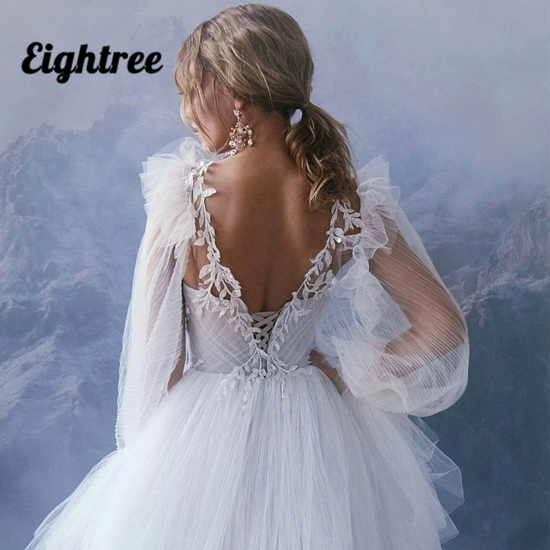 Gaun Pengantin Seksi Eightree 2022 Gaun Pengantin Sweetheart Lengan Puff Korset Back Applique Tulle Gaun Pernikahan A-Line Ukuran Plus