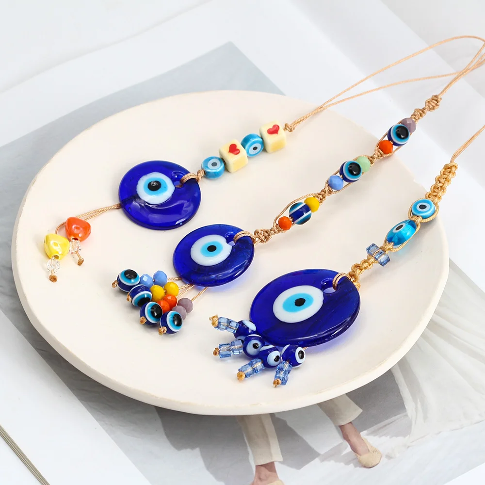 Lucky Eye Colorful Bead Tassel Braided Rope Wall Hanging Glass Blue Evil Eye Pendant Decoration for Home Living Room Car BE442