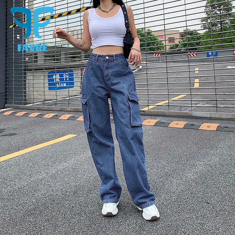 

FAVRE Pocket Patchwork Fashion Streetwear Jeans Women High Waisted Korean Straight Denim Pants 100% Cotton Loose Trousers Blue