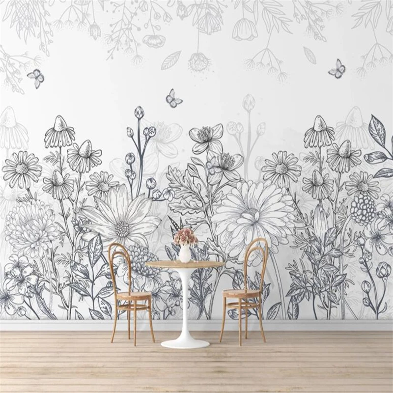 

beibehang Custom Vintage sketch floral Mural Wallpaper Living Room Restaurant Creative flowers and plants indoor TV background