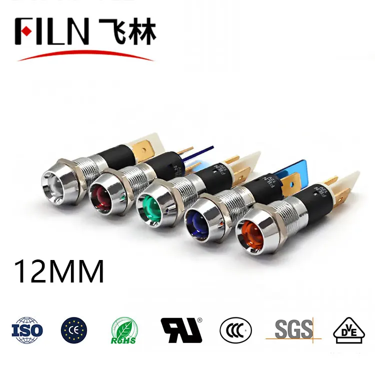 FILN Metal Concave head high quality indicator light red green blue yellow white 12v led 12mm pilot lamp