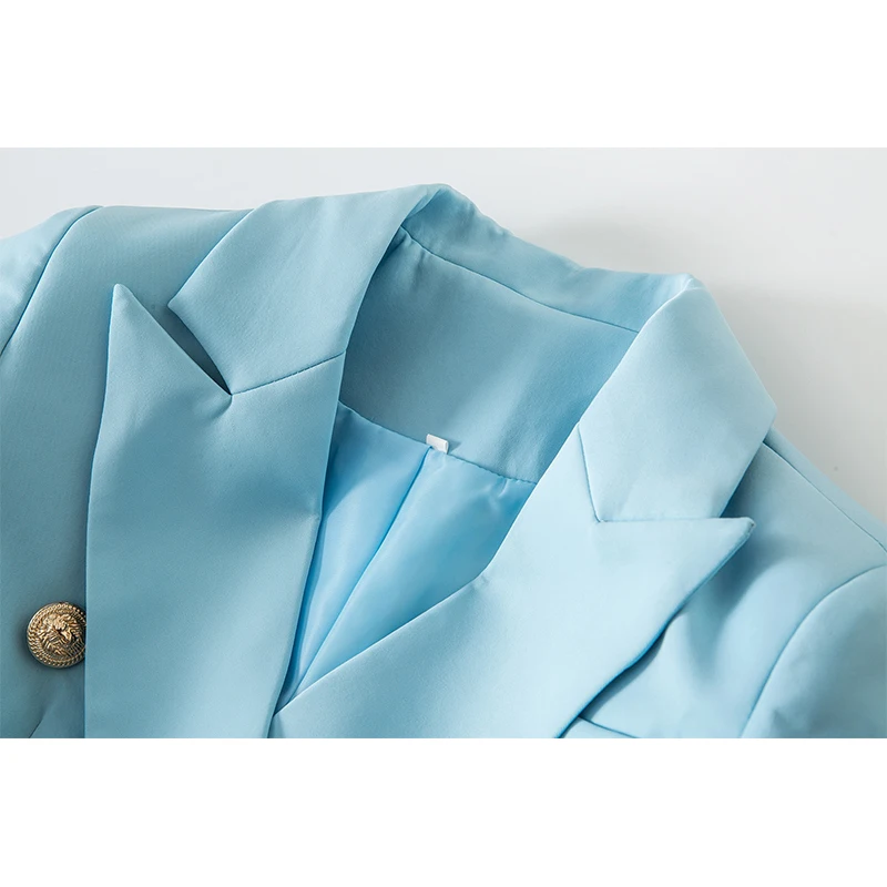 HarleyFashion New Candy Color Light Blue High Street Quality Stylish Double Breasted Women Slim Blazer