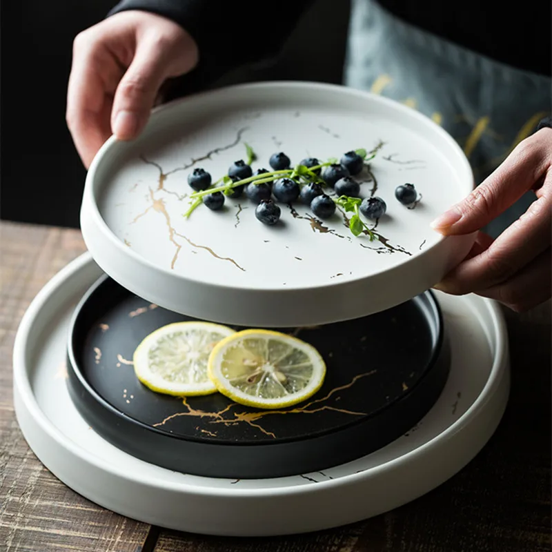 Nordic Luxury Marble Glazed Golden Pattern Ceramic Plate Porcelain Steak Plate Dishes Kitchen Tableware For Home Hotel 1 piece