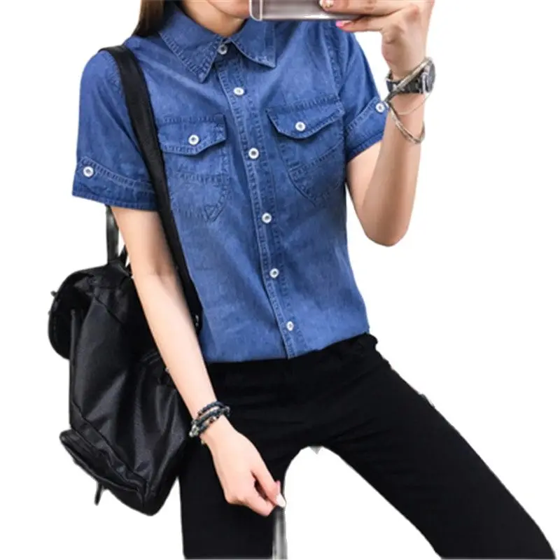 Summer new style cotton denim shirt women short-sleeved Korean self-cultivation students casual all-match shirt thin top A436