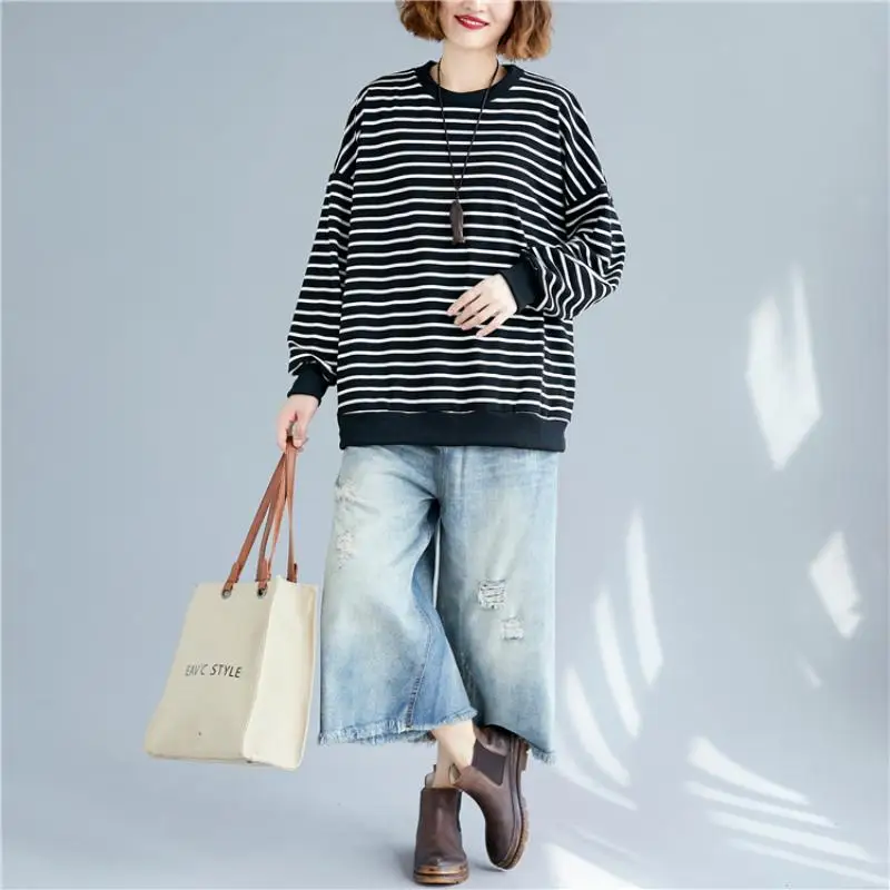 Oversized Striped Autumn Sweatshirt Pullover Women Kpop Cotton Loose Oversized Hoodies Streetwear 2023 Spring Sudadera Mujer