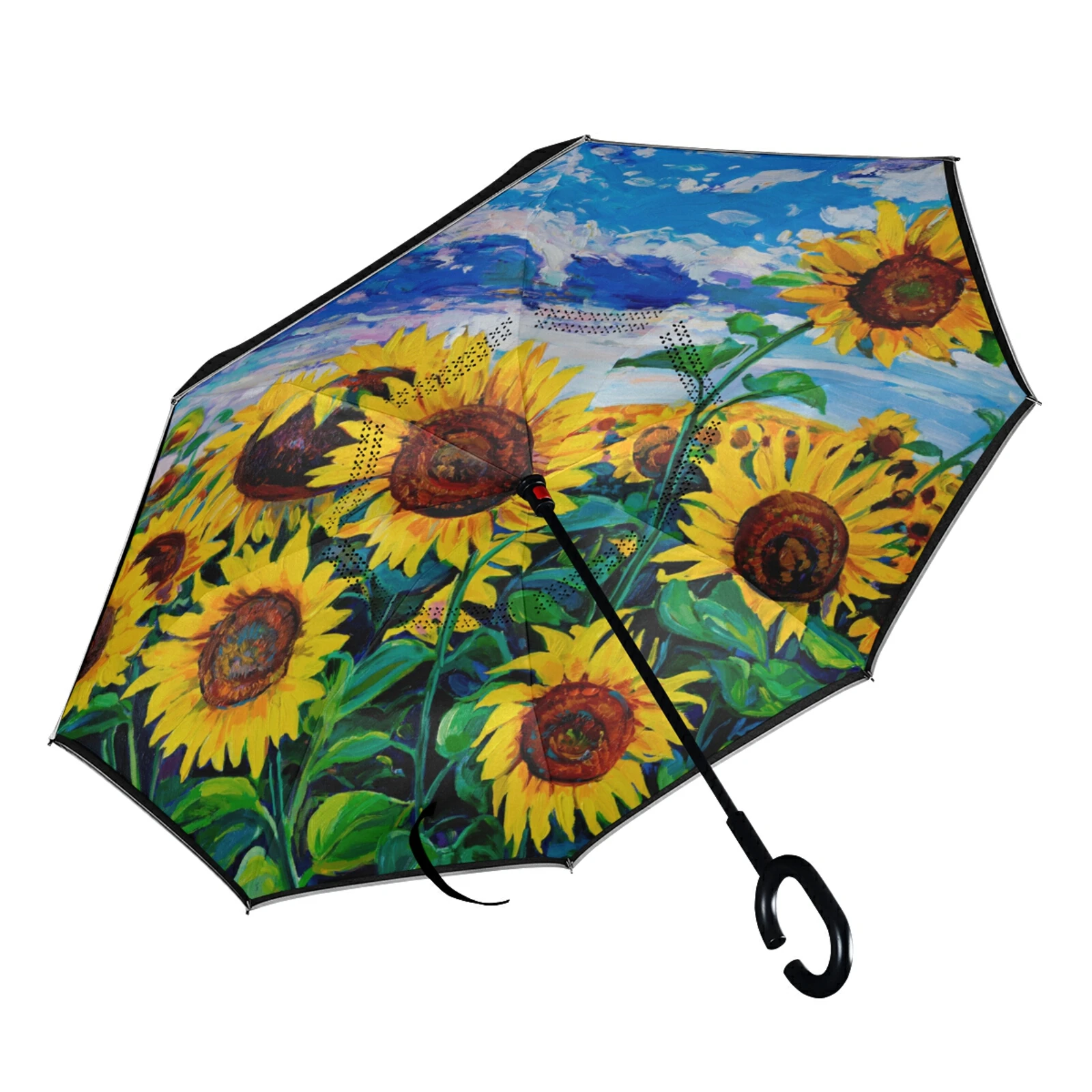 

2021 New C Shaped Handle Double Layer Umbrella Anti-UV Folding Inverted Upside Down Reverse Windproof Sunflower For Travel